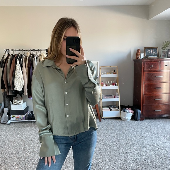 Revolve Green Satin Button Down - Picture 1 of 2